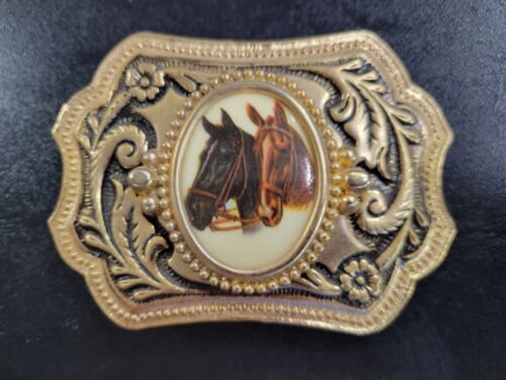 Vintage Double Horse Head Gold Tone Metal Belt Bu… - image 10