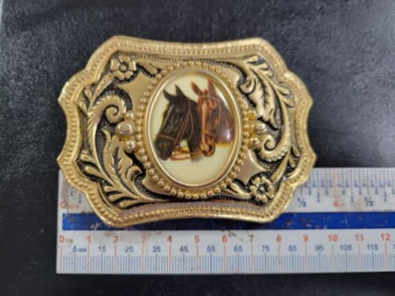 Vintage Double Horse Head Gold Tone Metal Belt Bu… - image 7