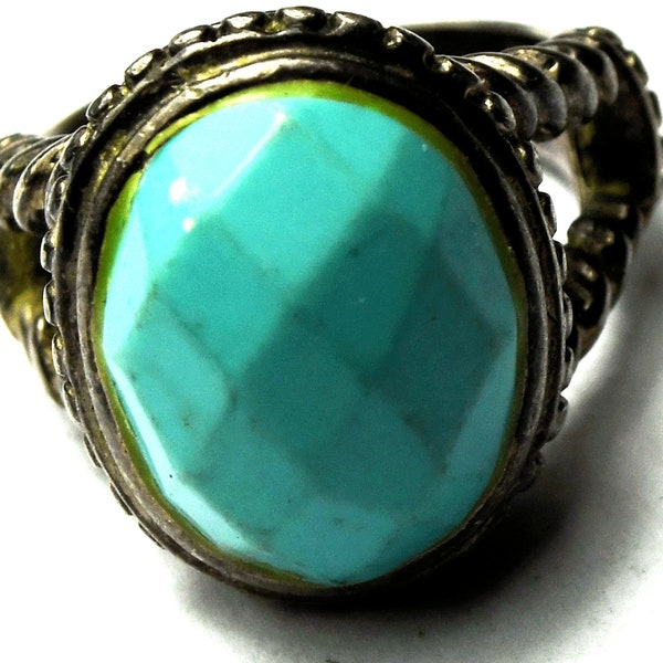 Sterling Silver CFJ Faceted Oval Turquoise Solitaire Ring 19mm Size 5 3/4
