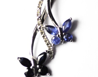 10kwg  18" Necklace Blue Sapphire Butterfly Diamond Pendant 27mm