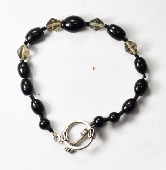 Silver Plate Black and Clear Bead Toggle Bracelet… - image 2