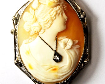 Antique Cameo 14kwg Filigree Brooch Bust Diamond Pendant Pin 48mm X 39mm Large