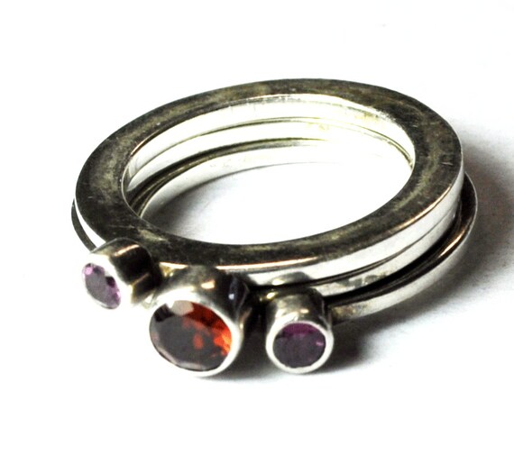 Sterling Silver 3 Three Ring Stackable Set Red an… - image 1