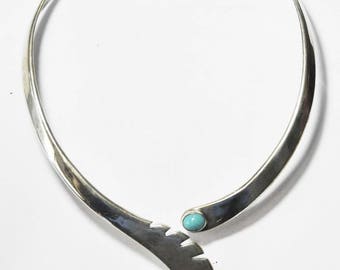 Mexico DMP 925 Silver Turquoise Hinged Heavy Chocker Necklace 16" Tigers Tail