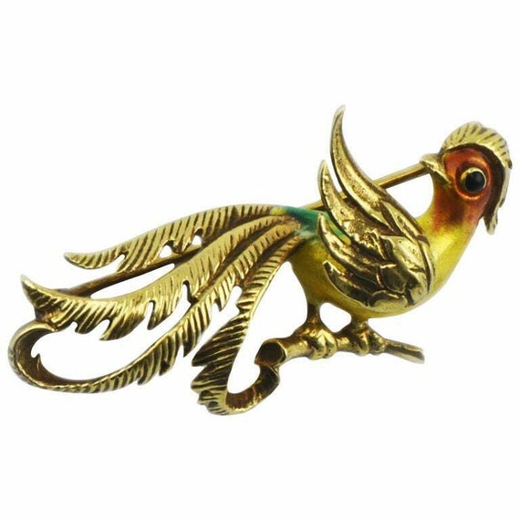 Vintage German 14kt Yellow Gold Enameled Bird of P
