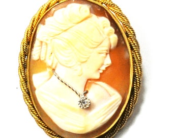 Gold Filled A and Z Shell Cameo Brooch Twist Edge 39mm x 31mm Pendant Diamond