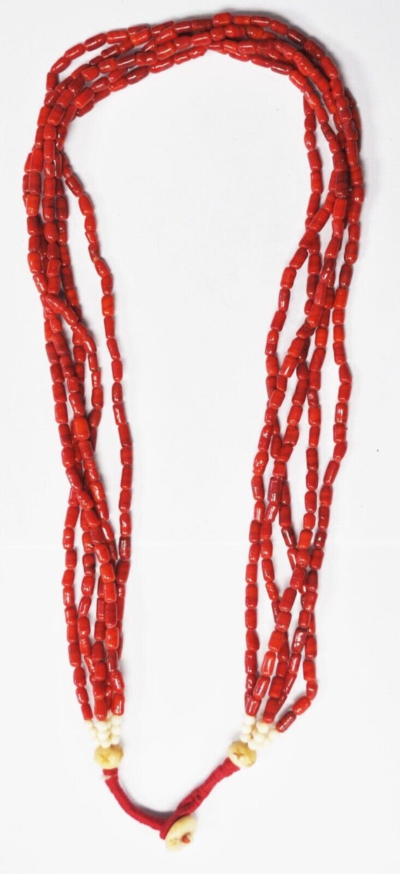5 Strand Red Coral 5mm Bead Cord Necklace 30" - image 4
