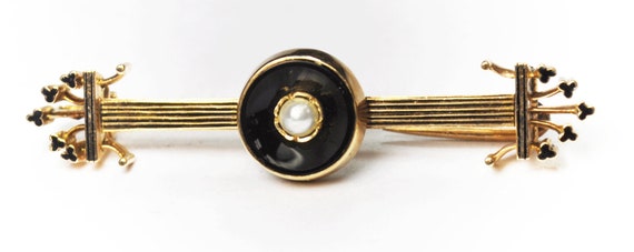 Antique 14k Gold Black Onyx Halo Pearl Brooch Dou… - image 2