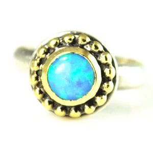 Sterling Silver Fire Opal Round Solitaire Two Tone MGS Ring 13mm Size 7