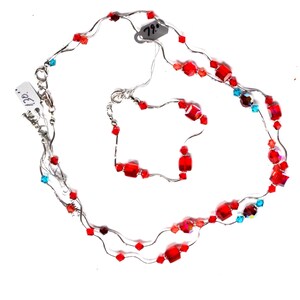 Sterling 8mm Red Blue Iridescent Glass Bead 2 16&quot; Necklace 8&quot; Bracelet Set