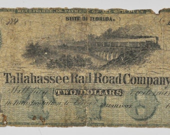 18 2 Tallahassee Florida Rail Road Company Two Dollars Obsolete Note Currency
