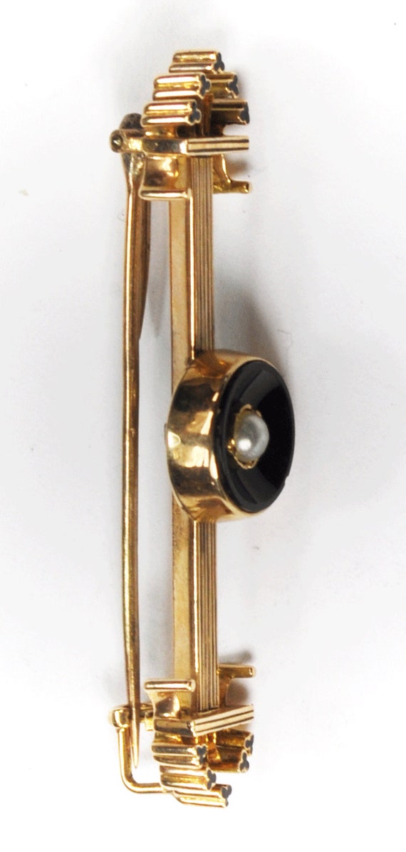 Antique 14k Gold Black Onyx Halo Pearl Brooch Dou… - image 5