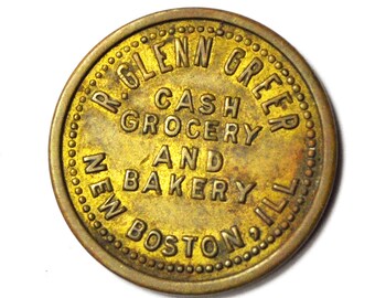 R Glenn Greer Cash Grocery Bakery R Glenn Greer New Boston Ill 5c Trade Token