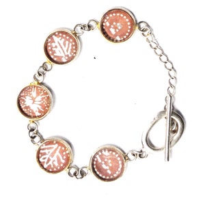 Silver Plated Round Pink & White Floral Dot Glass Link Toggle Bracelet 14mm 7&quot;