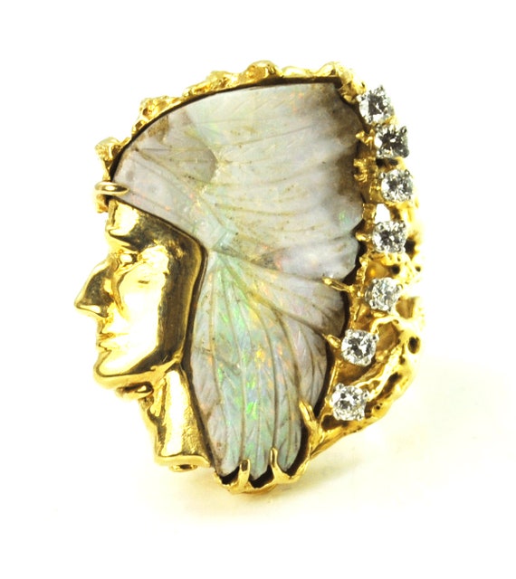 18kyg Chief Carved Opal Feather Headdress Diamond 
