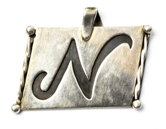 900 Fine Silver Rectangle N Insignia Tag Pendant … - image 1