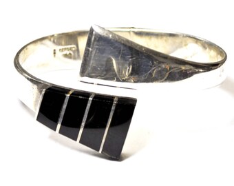 Sterling Silver Inlay Open Hinged Tension Bangle Cuff Bracelet Mexico 38mm 8.75"