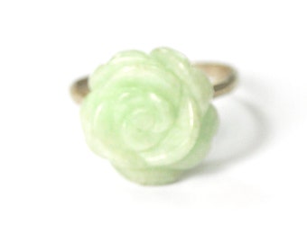 Sterling Silver Gil HK Carved Green Jade Flower Solitaire Ring 16mm Size 9.5