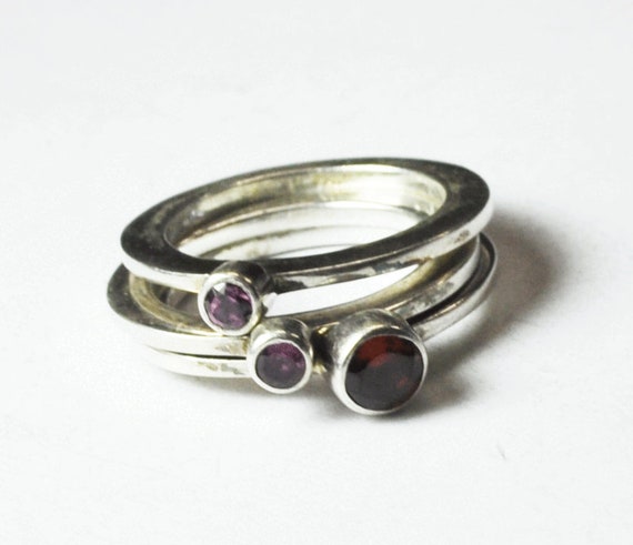 Sterling Silver 3 Three Ring Stackable Set Red an… - image 2