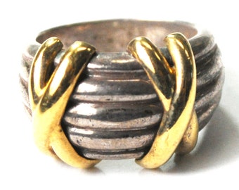 Sterling Silver and 18k Gold Double X Stripe Designer Ring 14mm Size 6