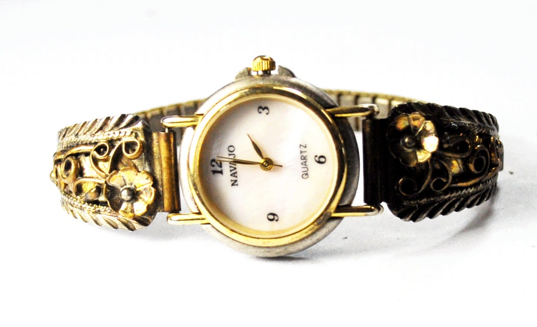 Navajo Quartz MOP Wristwatch 26mm VV Sterling Silver Two Tone Floral Strap 12mm Etsy Canada