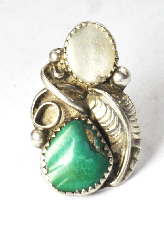 Antique Sterling Silver Green Turquoise and MOP F… - image 1