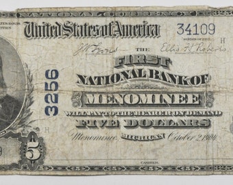 1902 5 National Currency Note Menominee Michigan 3256 Plain Back 34109