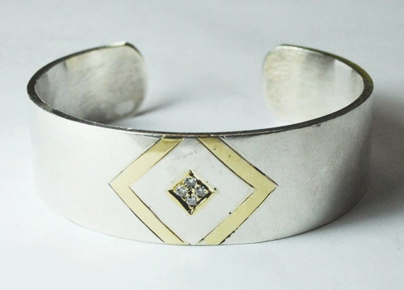 Sterling Silver and 14k Stripe Diamond Bracelet 2… - image 2