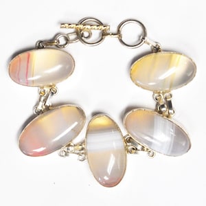Sterling Silver Botswana Agate Oval Double Chain Toggle Bracelet 31mm 7-1/2&quot;