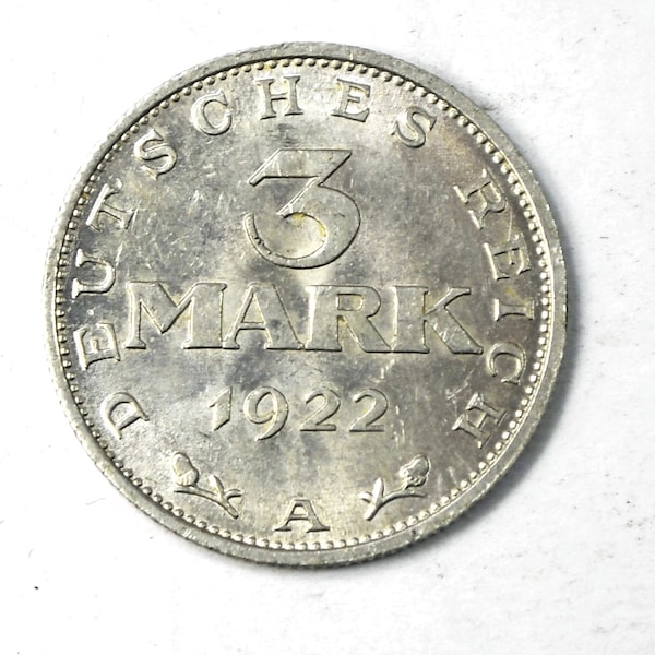 1922 A Germany Weimar Republic 3 Mark Aluminum Coin KM 35