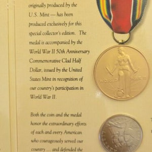 1995 50c WWII 50th Anniversary Commemorative Half Dollar and Victory Medal Set image 6