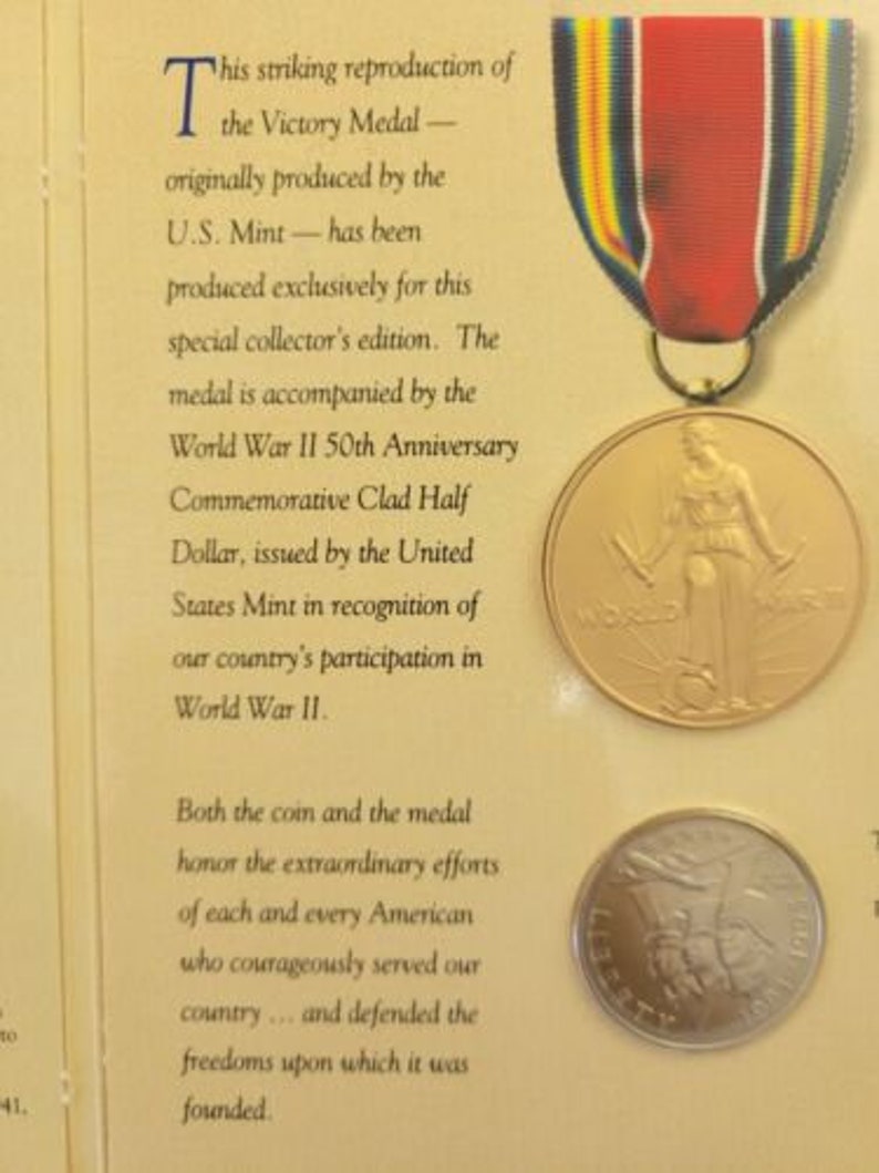 1995 50c WWII 50th Anniversary Commemorative Half Dollar and Victory Medal Set image 6