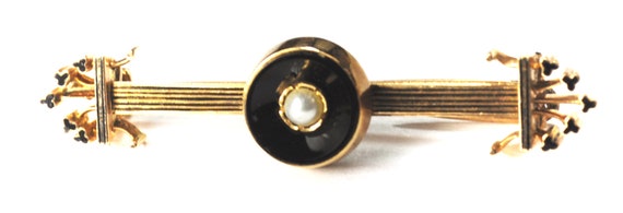 Antique 14k Gold Black Onyx Halo Pearl Brooch Dou… - image 1