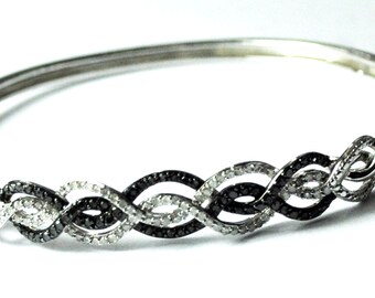 Sterling Black and Clear Diamond Interwoven Hinged Bangle Bracelet 9mm 7" Wrist