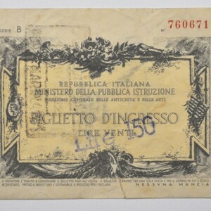 Biglietto D&apos;Ingresso Lire Venti 150 Italy Museum Gallery Ticket Vintage 760671