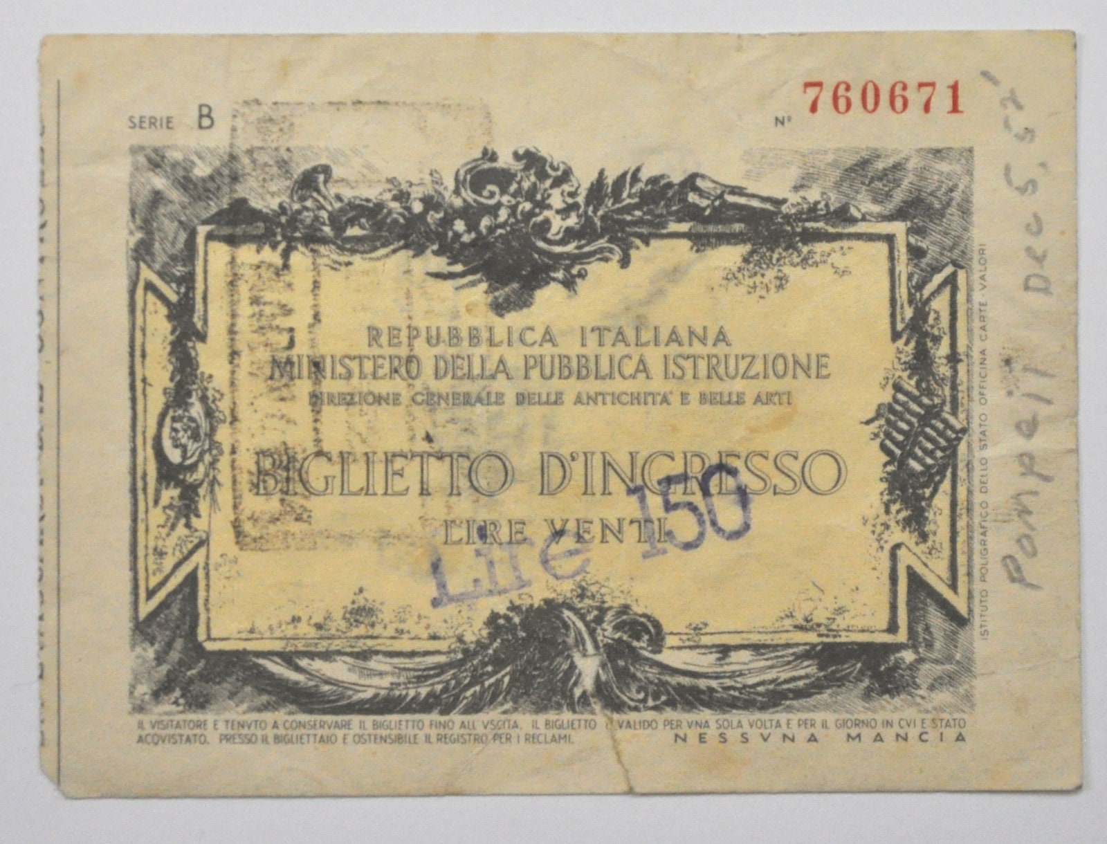 文藝復興　　　　　　　　ペイタア Biglietto D'ingresso Lire Venti 150 Italy Museum Gallery Ticket