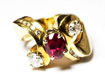 14k Yellow Gold Ruby and Diamond Freeform Double Hook Open Heart Ring 15mm Size 7
