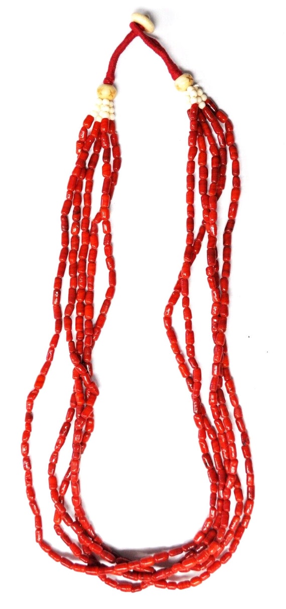 5 Strand Red Coral 5mm Bead Cord Necklace 30" - image 1