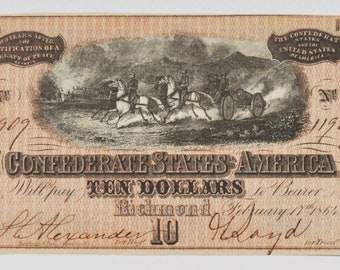 1864 10 Ten Dollars Confederate States of America Richmond Note Currency CS 68