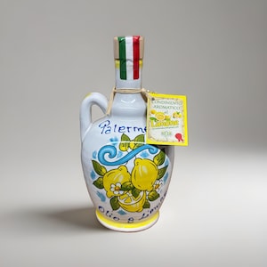 Hand-decorated 19 x 10 cm Caltagirone Ceramic Lemon Aromatic Oil Cruet