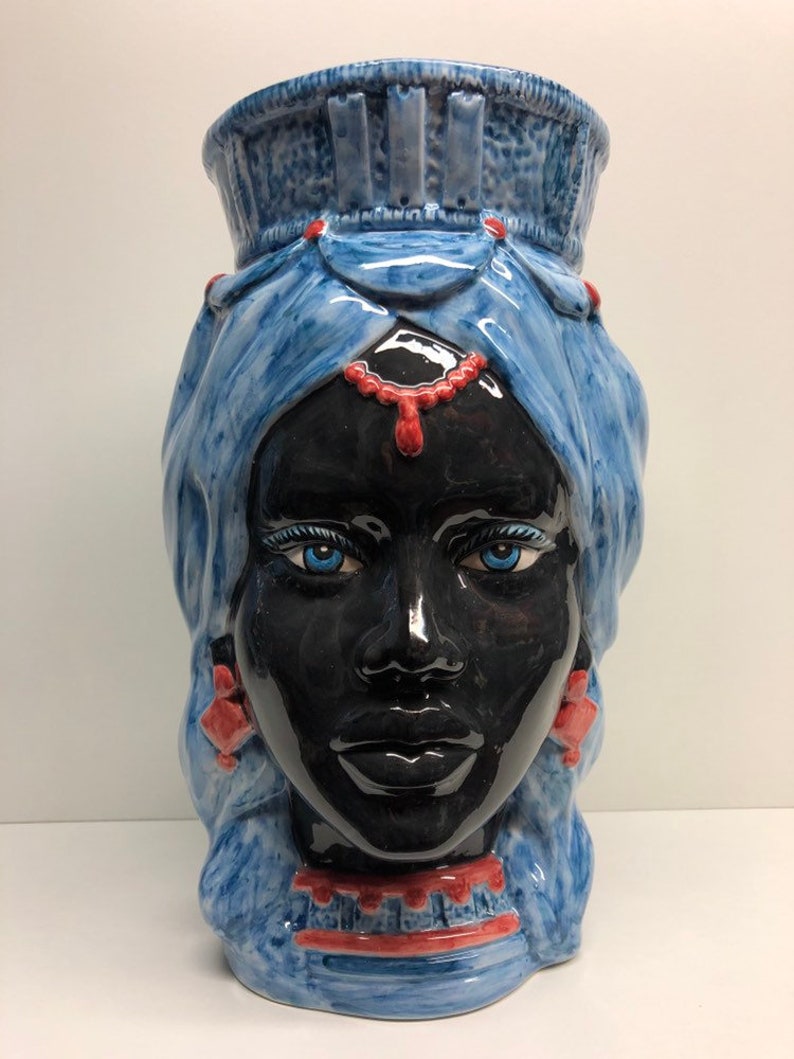 Sicilian Heads Ceramics of Craft Caltagirone cm H.38 L.24 Crown Straight Ancient Blue Turban