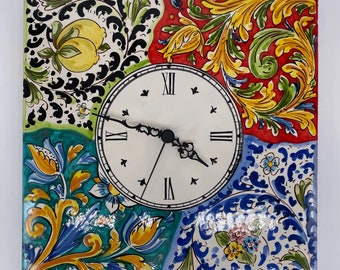 Orologio da Parete Ceramica Caltagirone Quadrato dipinto a mano Lato 30cm Decoro n.3