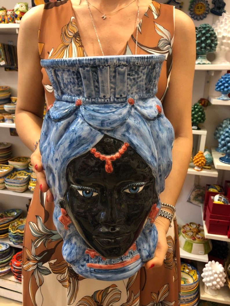 Sicilian Heads Ceramics of Craft Caltagirone cm H.38 L.24 Crown Straight Ancient Blue Turban