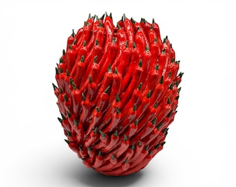 Rode chili fruitvaas 35 cm hoog, 30 cm breed, Caltagirone, handgemaakt keramiek