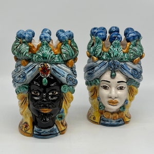 Coppia Teste Di Moro Seicento Ceramica Caltagirone Cm H.20 L.12 Artigianale Vari Colori