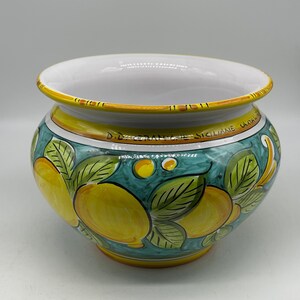 Cachepot Diameter 25cm Hand-Decorated "Lemons" Motif (MR) Caltagirone Ceramic