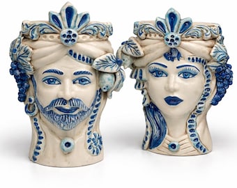 Moor's Heads Vella Ceramica Caltagirone cm H.27 L.20 Handcrafted White Blue