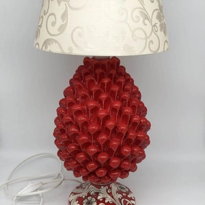 Caltagirone Ceramic Pigna Lamp cm H.30 Handmade Red Decorated Base