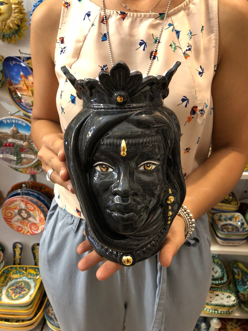 17 Black Artisan with Gold details Sicilian Heads Ceramic Caltagirone cm H 25 L
