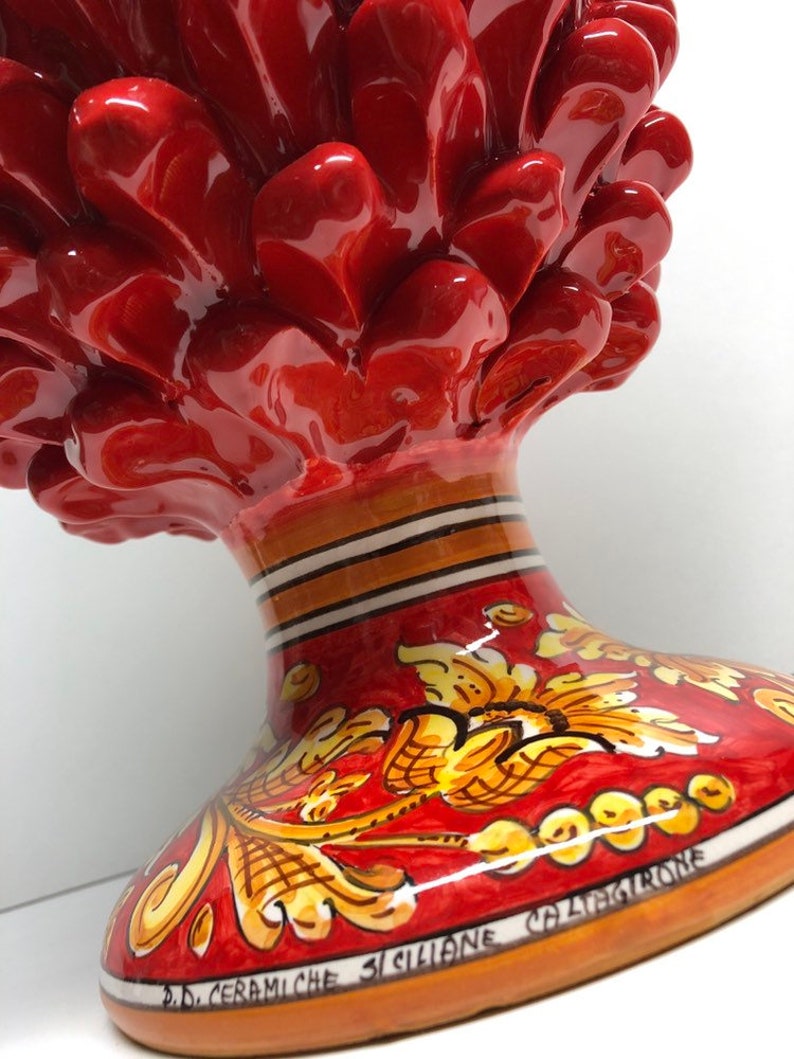 35 Handmade Red with Decorated Base Lily Pigna Ceramica di Caltagirone cm H